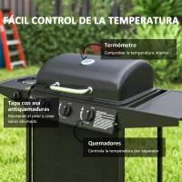 Outsunny Barbacoa de Gas con 3 Quemadores Quemador Lateral Tapa con Termómetro Parrilla y Mesa Lateral Ruedas 108x54x97 cm Negro(m-5)