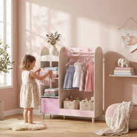 AIYAPLAY Kids Clothing Rack, Kids Wardrobe with Glowing Lights Mirror, Non-Woven Drawer and Shelves for Bedroom, Ages 3-8, Pink(m-13)