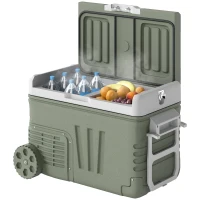 Outsunny 33 L campingkoelkast, reiskoelbox, draagbare auto-koelkast met 2 vakken en wielen, kunststof, groen(m-10)