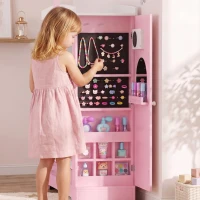 AIYAPLAY Kids Wardrobe with Lighted Mirror, Clothes Rail, Jewelry Cabinet, Shelves, Storage Boxes for Bedroom, Nursery, Pink(m-8)