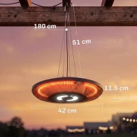 Outsunny Hanging Electric Patio Heater with LED Light, 1000/2000 W IP65 Outdoor Infrared Heater with Touch/Remote Control, Black(m-3)