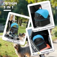 PawHut Passeggino per Cani Convertibile con 2 Guinzagli e Cuscino, in Acciaio e Poliestere, 82x49.5x98 cm, Azzurro e Nero(m-5)