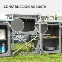 Outsunny Mueble de Cocina para Camping Plegable con 3 Mesas 4 Ganchos Poste de Luz y Bolsa de Transporte 172x48x130 cm Gris(m-7)