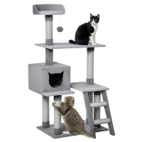 PawHut Tiragraffi Palestra per Gatti Multilivello con Casetta Scala Piattaforme, Pali in Corda di Juta, Grigio, 60.5x40x124cm(m-1)