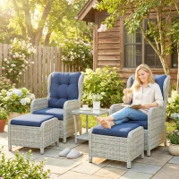 Outsunny 5 Piece Garden Furniture Set, Rattan Reclining Garden Chair Set of 2 with Footstool and Cushion for Balcony, Dark Blue(m-10)