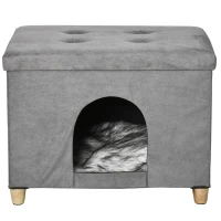 PawHut opvouwbaar kattenhuis en voetenbank, grijs, 60 x 45 x 44,5 cm(m-13)