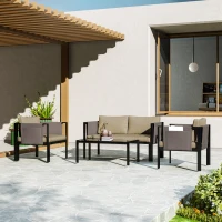 Outsunny 4 Piece Metal Garden Furniture Set with Tempered Glass Coffee Table, Texteline Pocket, Outdoor Set Loveseat Single Armchairs with Padded Cushions, Khaki(m-2)