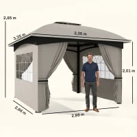 Outsunny 3,4 x 3,4 m Gartenpavillon, Bierzelt mit Lüftungsdach, Bogenfenstern, Stahlgestell, Hellgrau(m-3)