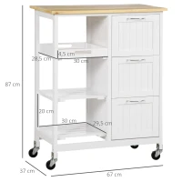 HOMCOM Carrinho de Cozinha com Rodas Carrinho de Serviço com 3 Gavetas 3 Prateleiras Abertas e Bandeja Removível para Sala de Jantar Carga Máxima 40kg 67x37x84cm Branco(m-3)