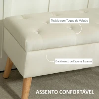 HOMCOM Pufe de Arrumação em Veludo com Tampa e Pés de Madeira para Sala, Quarto ou Entrada, 80x35x42 cm, Creme(m-5)