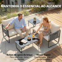 Outsunny Conjunto de Jardim de 4 Peças Móveis de Exterior com 2 Sofás de 2 Lugares 2 Mesas de Vidro Almofadas Capas Removíveis Preto e Bege(m-6)