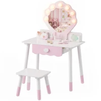 AIYAPLAY Kids Vanity Set, Kids Dressing Table with Chair, Acrylic Mirror, Lighted Bulbs, 7-Piece Accessories, for 3-8 Years, Pink(m-15)