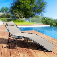 Outsunny Espreguiçadeira Dobrável Espreguiçadeira Jardim com Encosto Ajustável Apoio de Cabeça Bolsa Lateral Bandeja 190x60x31 cm Creme(m-10)
