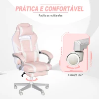 HOMCOM Cadeira Gaming Cadeira de Escritório Reclinável Apoio para os Pés Retrátil Suporte Lombar e Almofada para a Cabeça 63x63x115,5-123 cm Rosa(m-6)