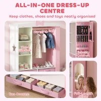 AIYAPLAY Kids Wardrobe with Lighted Mirror, Clothes Rail, Jewelry Cabinet, Shelves, Storage Boxes for Bedroom, Nursery, Pink(m-4)
