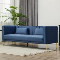 HOMCOM Sofá de 3 Lugares Estofado em Veludo com 2 Almofadas Apoio para os Braços e Pés Dourados 194,5x76x76 cm Azul Marinho(m-10)
