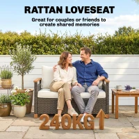 Outsunny 2 Seater Rattan Garden Sofa, Outdoor Sofa with Thickened Cushions and Acacia Wood Armrests, Brown(m-8)