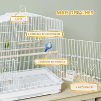 PawHut Gaiola para Pássaros de Aço com 2 Comedouros 2 Poleiros Baloiço e Bandeja Removível Pega 46,5x36x59 cm Branco(m-6)