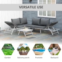 Outsunny 3 Pieces Garden Furniture Sets, 6 Seater Corner Sofa Set with Adjustable Backrest Chase Lounge with Slatted Metal Top Table, Padded Cushion, Grey(m-8)
