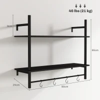 HOMCOM Estante de Parede de 2 Níveis Estante Suspensa com 4 Ganchos 2 Prateleiras e Estrutura de Metal 80x24x65 cm Preto(m-3)