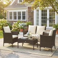 Outsunny Conjunto de Jardim em Vime com 4 Peças Inclui Sofá de 2 Lugares 2 Cadeiras Mesa de Vidro e Almofadas Laváveis Castanho(m-2)