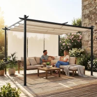 Outsunny Pérgola de Jardín 4x3 m con Techo Retráctil 3 Laterales Enrollables UPF30+ Cenador de Jardín para Patio Exterior Beige(m-10)