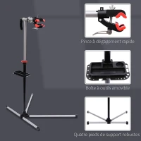 HOMCOM Pied d'Atelier Vélo Support de Réparation Professionnel, Charge 30kg pour VTT - Stand de Montage Pliable avec Plateau à Outils - Hauteur Réglable 180cm et Pince Rotative 360, Gris Noir(m-4)