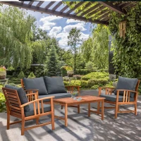 Outsunny 4er-Set Gartenmöbel Holz Sitzgruppe Garnitur Lounge mit Kissen Tisch Sessel Braun 3–4 Personen(m-10)