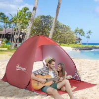Outsunny Tienda de Playa para 2-3 Personas Pop-Up con Ventanas tipo Refugio con Protección Solar UV 200x150x119 cm Rojo(m-11)