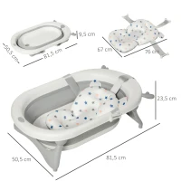 HOMCOM Bañera Plegable para Bebé Recién Nacido hasta 3 Años 81,5x50,5x23,5 cm con Tapón Termosensible Cojín Gris(m-3)