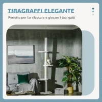 PawHut Albero per Gatti a Soffitto con Altezza Regolabile e Pali Tiragraffi in Sisal, 48x32x225-255 cm, Bianco(m-4)