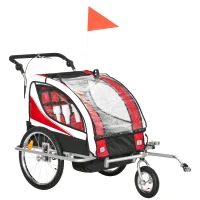HOMCOM Remolque para Bicicleta con Barra de Paseo para Niños de 2 Plazas con Rueda Delantera Giratoria 360° y Asiento Acolchado Carga Máx. 40 kg Rojo(m-11)