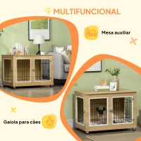 PawHut Gaiola para Cães com Mesa Auxiliar e Almofada Lavável Gaiola para Animais com Estrutura de Aço para Cães Médios e Grandes 90x58x65 cm Carvalho(m-5)