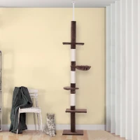 PawHut Albero Tiragraffi Multilivello a Soffitto con Amaca e Altezza Regolabile, 40x34x230-260cm, Marrone(m-10)