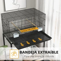 PawHut Jaula para Pájaros con Ruedas 77x46x119 cm Jaula Metálica para Aves con Bandeja Extraíble 2 Perchas 2 Comederos Negro(m-4)