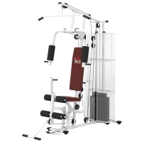 HOMCOM Gym Krachtstation Fitnessstation Multigym Fitnesscentrum Fitnessapparatuur incl. gewichten Latzug Beincurl Metaal PU-kunstleer Wit 150 x 110 x 210 cm(m-1)