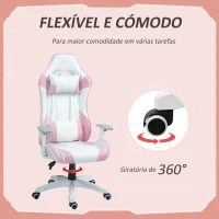 HOMCOM Cadeira Gaming Reclinável com Almofada Lombar Apoio de Cabeça Basculante e Altura Ajustável 67x60x120-128 cm Branco e Rosa(m-7)