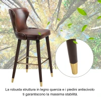 HOMCOM Set 2 Sgabelli da Bar Alti in Stile Industriale con Schienale e Poggiapiedi, Seduta in Finta pelle e Gambe in Legno, Sgabelli Vintage per Cucina e Ristorante, 52x53x101cm(m-6)
