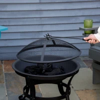 Outsunny Outdoor Fire Pit, Firepit with Mesh Lid, Poker, for Camping, Bonfire, Picnic, Black(m-7)