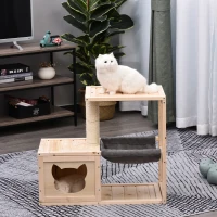 PawHut Arbre à chat design contemporain griffoir grattoir sisal naturel centre d'activités niche hamac plate-formes bois massif sapin lin gris(m-9)