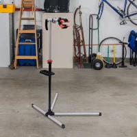 HOMCOM Pied d'Atelier Vélo Support de Réparation Professionnel, Charge 30kg pour VTT - Stand de Montage Pliable avec Plateau à Outils - Hauteur Réglable 180cm et Pince Rotative 360, Gris Noir(m-10)