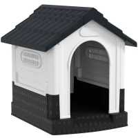PawHut Casa para Cães Mini de Exterior em Plástico com 3 Janelas Base Elevada Telhado Inclinado 64,5x57x66 cm Cinzento Escuro(m-1)