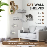 PawHut 4-Piece Cat Wall Shelves with Steps, Ladder, Jumping Platforms, Light Grey(m-4)