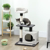 PawHut Arranhador para Gatos com Plataformas Caverna Postes Arranhadores Tapete de Sisal e Bolas 48x40x85 cm Cinzento Claro e Preto(m-10)