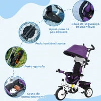 HOMCOM Triciclo Evolutivo para Bebés de +12 Meses 2 em 1 com Toldo Dobrável Guiador Cinto de Segurança e Cesto 95x50x106 cm Roxo(m-5)