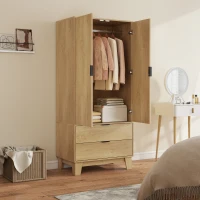 HOMCOM Armoire chambre penderie avec 2 portes à fermeture douce, 2 tiroirs et barre de suspension, 80x50x180cm, bois naturel(m-9)