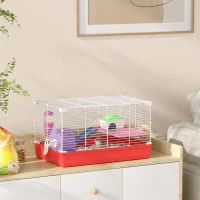 PawHut Gaiola para Hamster com Comedouro Bebedouro Rampa Ropa de Exercício para Pequenos Animais  47x30x27cm Branco e Vermelho(m-10)