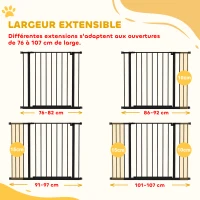 PawHut Barrière de Sécurité Chien Réglable 76-107 cm, avec 2 Rallonges (10/15 cm), Ouverture d'une Main, sans Perçage, Noir(m-4)