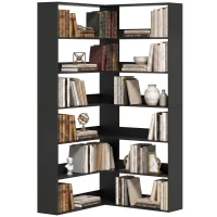 HOMCOM 7 Tiers Bookshelf, L-Shaped Corner Bookcase with Anti-Slip Rear Guard, Black Wood Effect(m-14)