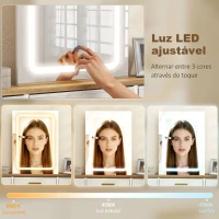 HOMCOM Toucador com Luzes LED de 3 Cores Espelho 10 Gavetas de Tecido e Pés em Aço 118,5x39,5x140 cm Madeira(m-4)